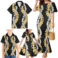 Puakenikeni and Maile Lei Family Matching Mermaid Dress and Hawaiian Shirt Black Double Strand Lei LT9 - Polynesian Pride