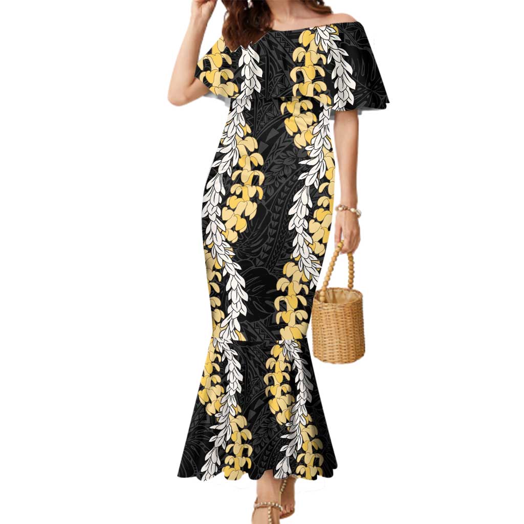 Puakenikeni and Maile Lei Family Matching Mermaid Dress and Hawaiian Shirt Black Double Strand Lei LT9 Mom's Dress Black - Polynesian Pride