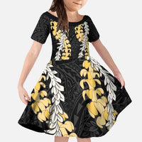 Puakenikeni and Maile Lei Family Matching Off The Shoulder Long Sleeve Dress and Hawaiian Shirt Black Double Strand Lei LT9 Daughter's Dress Black - Polynesian Pride