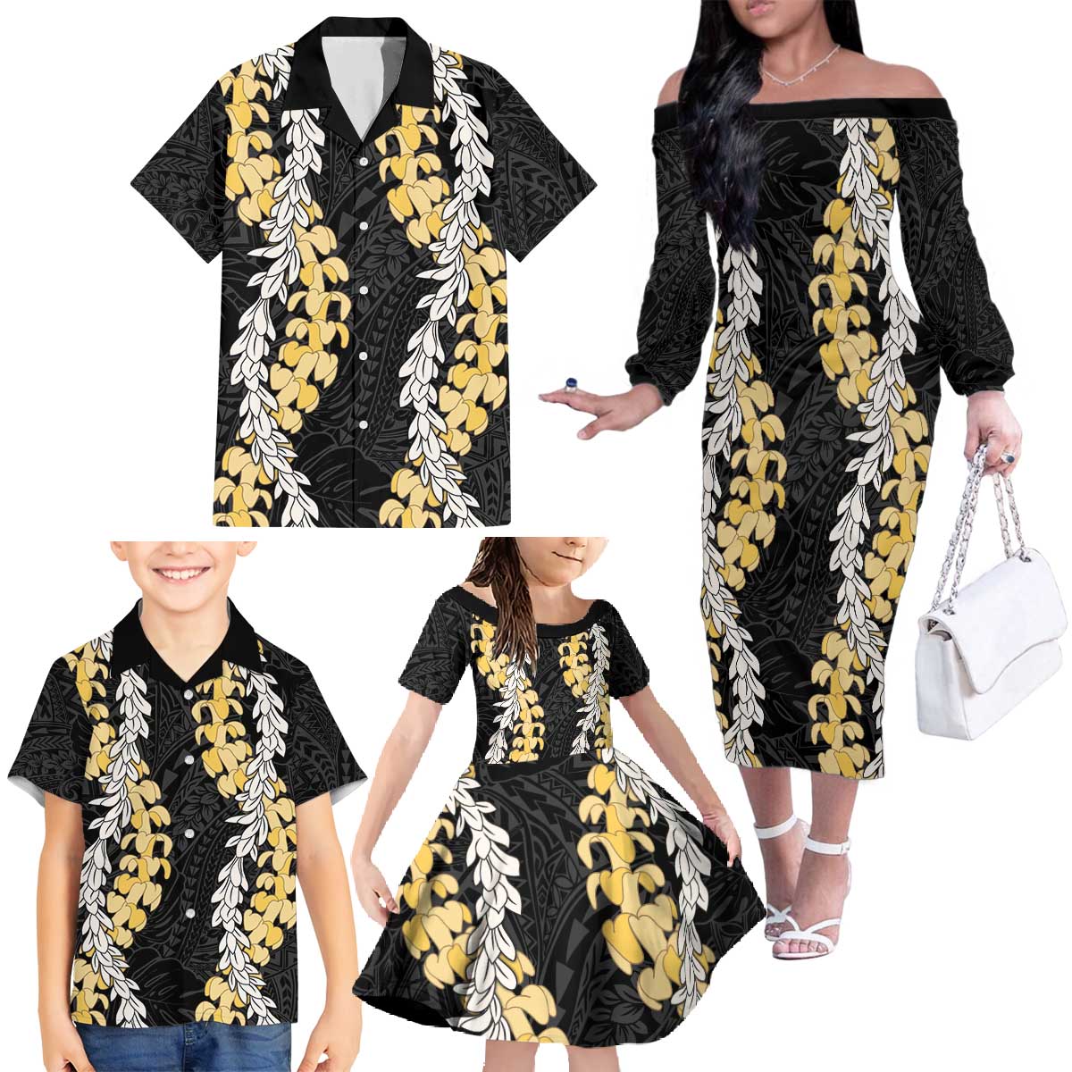 Puakenikeni and Maile Lei Family Matching Off The Shoulder Long Sleeve Dress and Hawaiian Shirt Black Double Strand Lei LT9 - Polynesian Pride