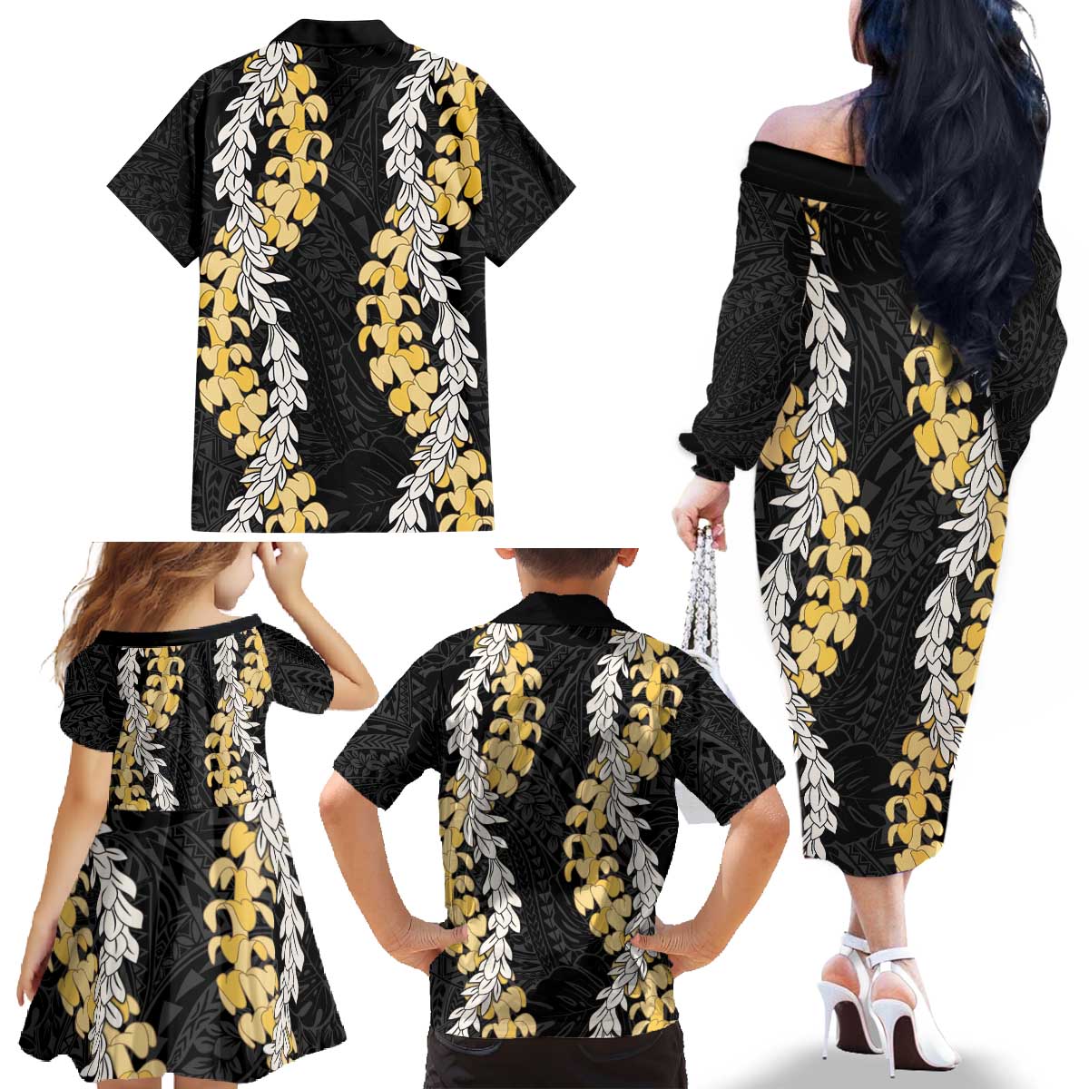 Puakenikeni and Maile Lei Family Matching Off The Shoulder Long Sleeve Dress and Hawaiian Shirt Black Double Strand Lei LT9 - Polynesian Pride