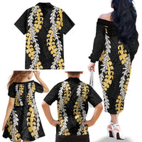 Puakenikeni and Maile Lei Family Matching Off The Shoulder Long Sleeve Dress and Hawaiian Shirt Black Double Strand Lei LT9 - Polynesian Pride