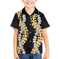 Puakenikeni and Maile Lei Family Matching Off The Shoulder Long Sleeve Dress and Hawaiian Shirt Black Double Strand Lei LT9 Son's Shirt Black - Polynesian Pride