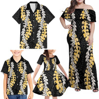 Puakenikeni and Maile Lei Family Matching Off Shoulder Maxi Dress and Hawaiian Shirt Black Double Strand Lei LT9 - Polynesian Pride