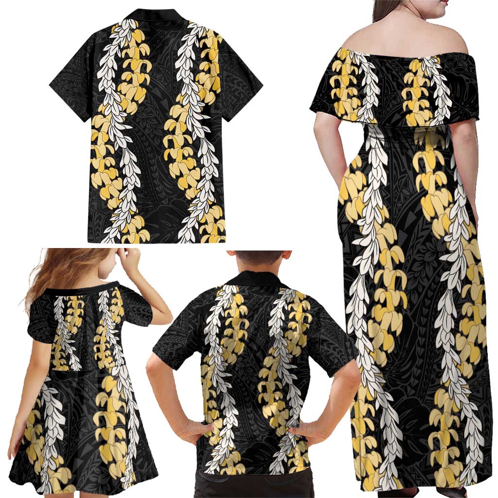 Puakenikeni and Maile Lei Family Matching Off Shoulder Maxi Dress and Hawaiian Shirt Black Double Strand Lei LT9 - Polynesian Pride