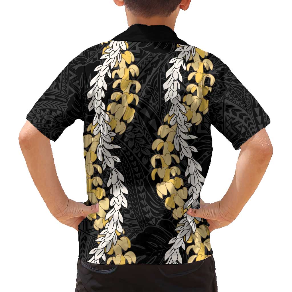 Puakenikeni and Maile Lei Family Matching Off Shoulder Short Dress and Hawaiian Shirt Black Double Strand Lei LT9 - Polynesian Pride