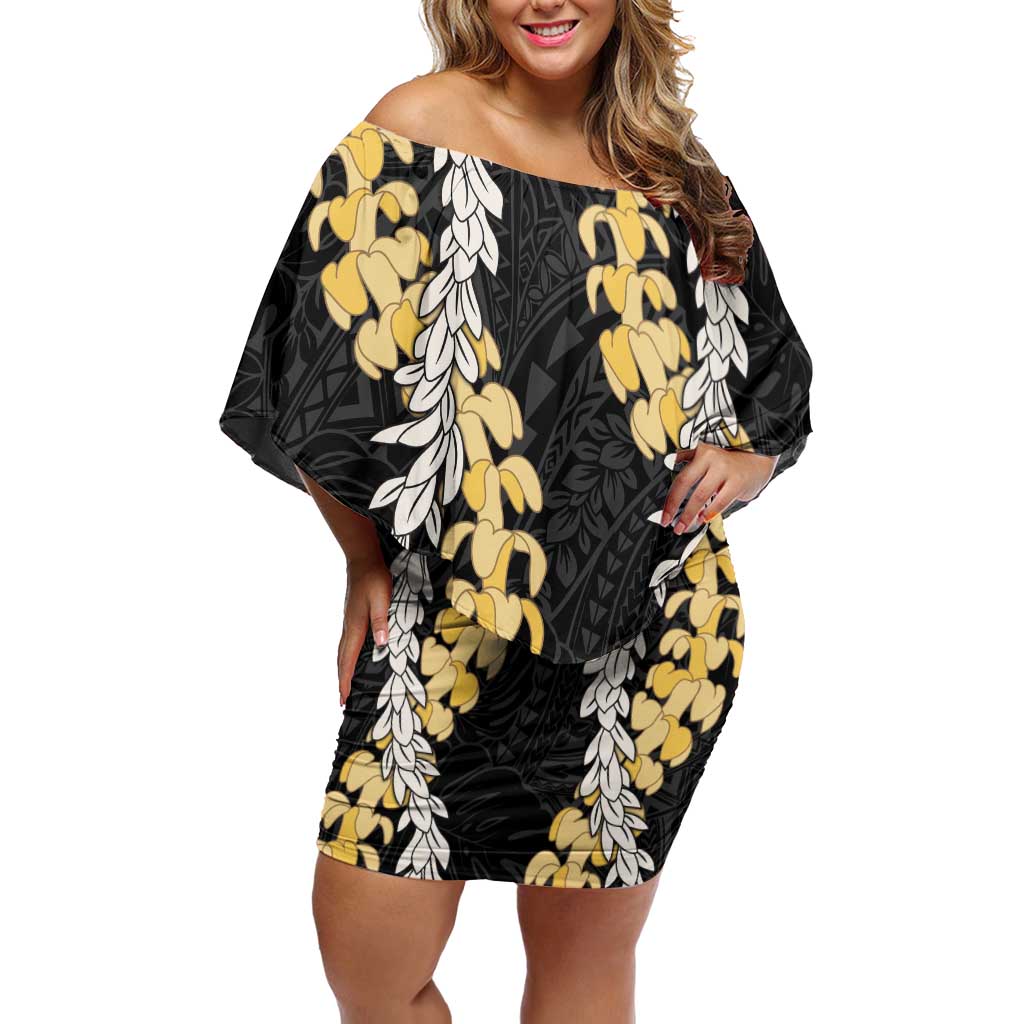 Puakenikeni and Maile Lei Family Matching Off Shoulder Short Dress and Hawaiian Shirt Black Double Strand Lei LT9 Mom's Dress Black - Polynesian Pride
