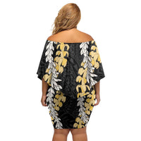 Puakenikeni and Maile Lei Family Matching Off Shoulder Short Dress and Hawaiian Shirt Black Double Strand Lei LT9 - Polynesian Pride