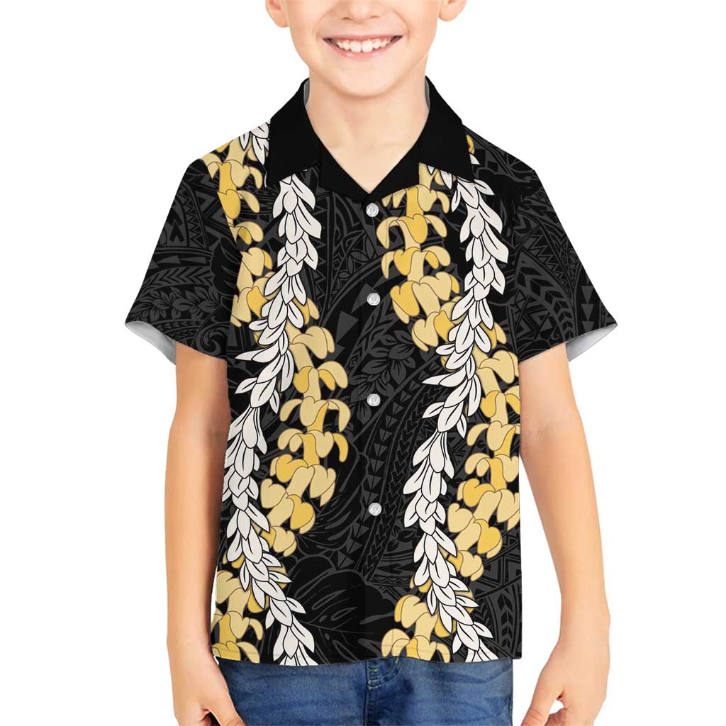 Puakenikeni and Maile Lei Family Matching Off Shoulder Short Dress and Hawaiian Shirt Black Double Strand Lei LT9 Son's Shirt Black - Polynesian Pride
