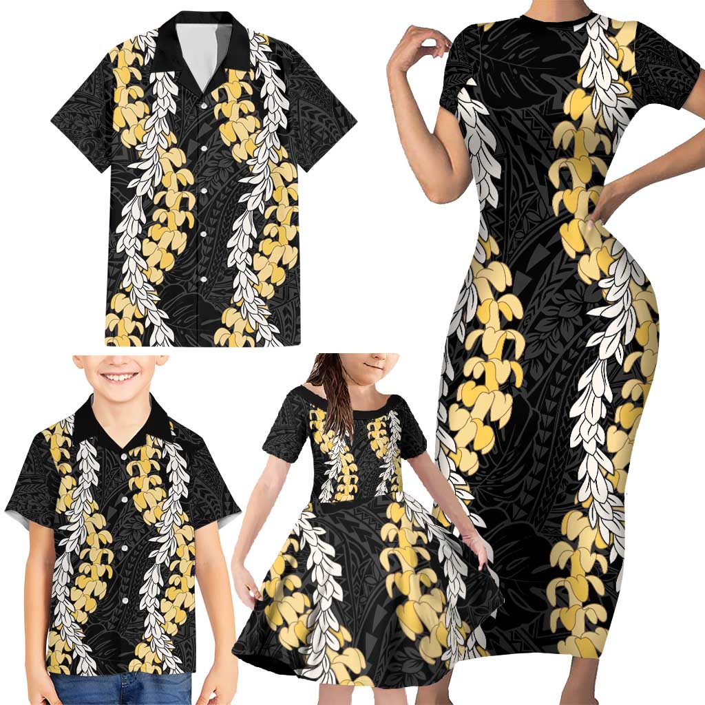 Puakenikeni and Maile Lei Family Matching Short Sleeve Bodycon Dress and Hawaiian Shirt Black Double Strand Lei LT9 - Polynesian Pride