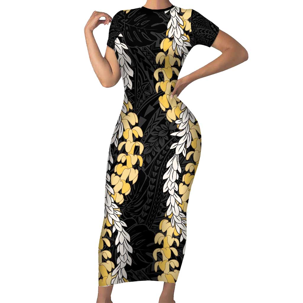 Puakenikeni and Maile Lei Family Matching Short Sleeve Bodycon Dress and Hawaiian Shirt Black Double Strand Lei LT9 Mom's Dress Black - Polynesian Pride