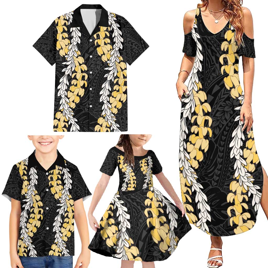 Puakenikeni and Maile Lei Family Matching Summer Maxi Dress and Hawaiian Shirt Black Double Strand Lei LT9 - Polynesian Pride