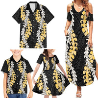 Puakenikeni and Maile Lei Family Matching Summer Maxi Dress and Hawaiian Shirt Black Double Strand Lei LT9 - Polynesian Pride