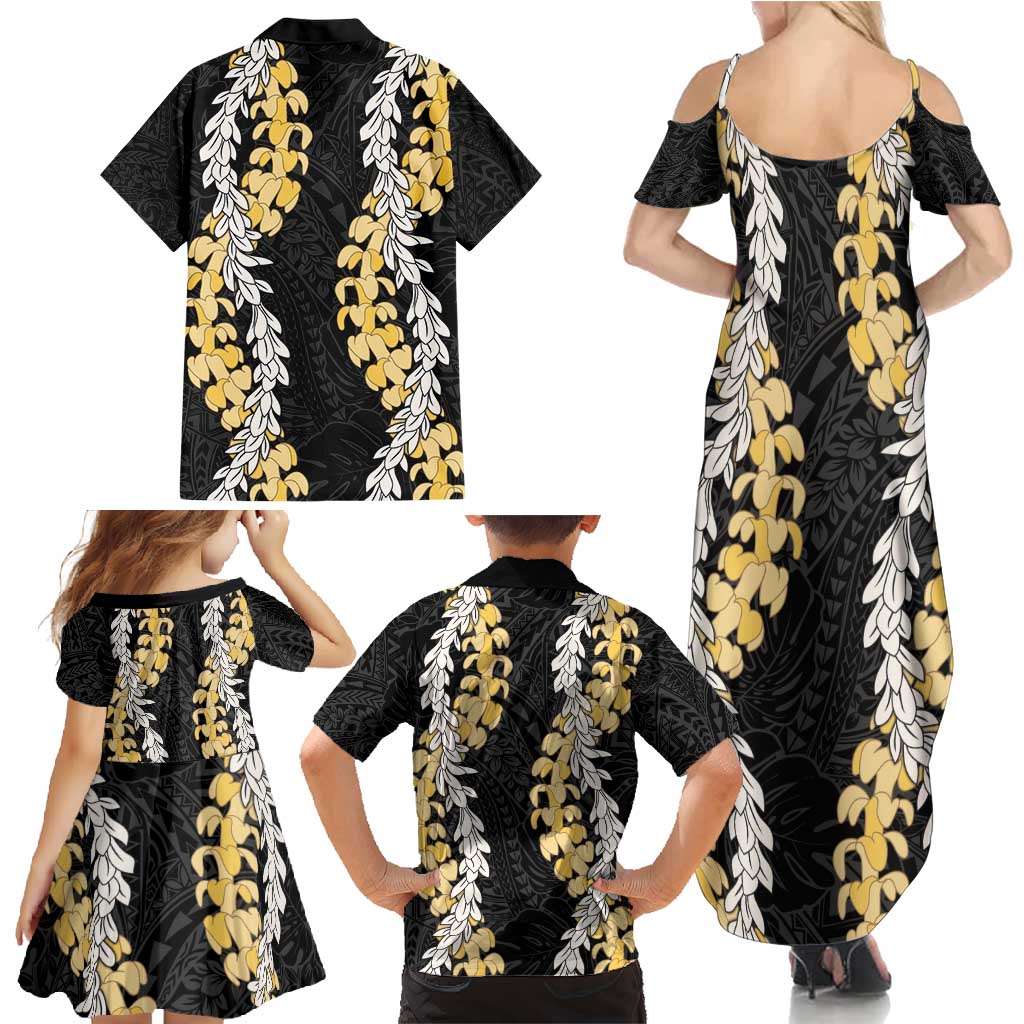 Puakenikeni and Maile Lei Family Matching Summer Maxi Dress and Hawaiian Shirt Black Double Strand Lei LT9 - Polynesian Pride