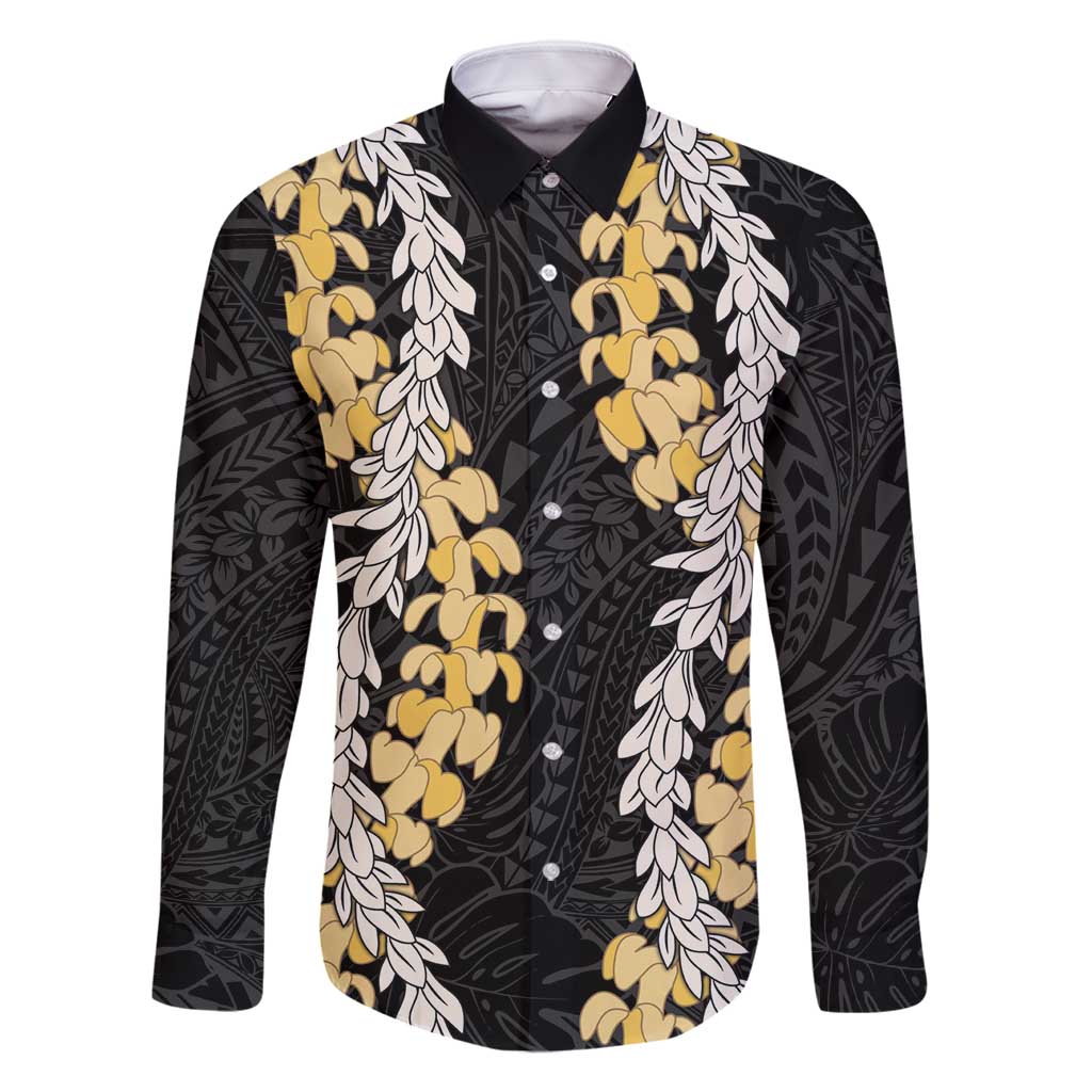 Puakenikeni and Maile Lei Family Matching Summer Maxi Dress and Hawaiian Shirt Black Double Strand Lei LT9 Dad's Shirt - Long Sleeve Black - Polynesian Pride