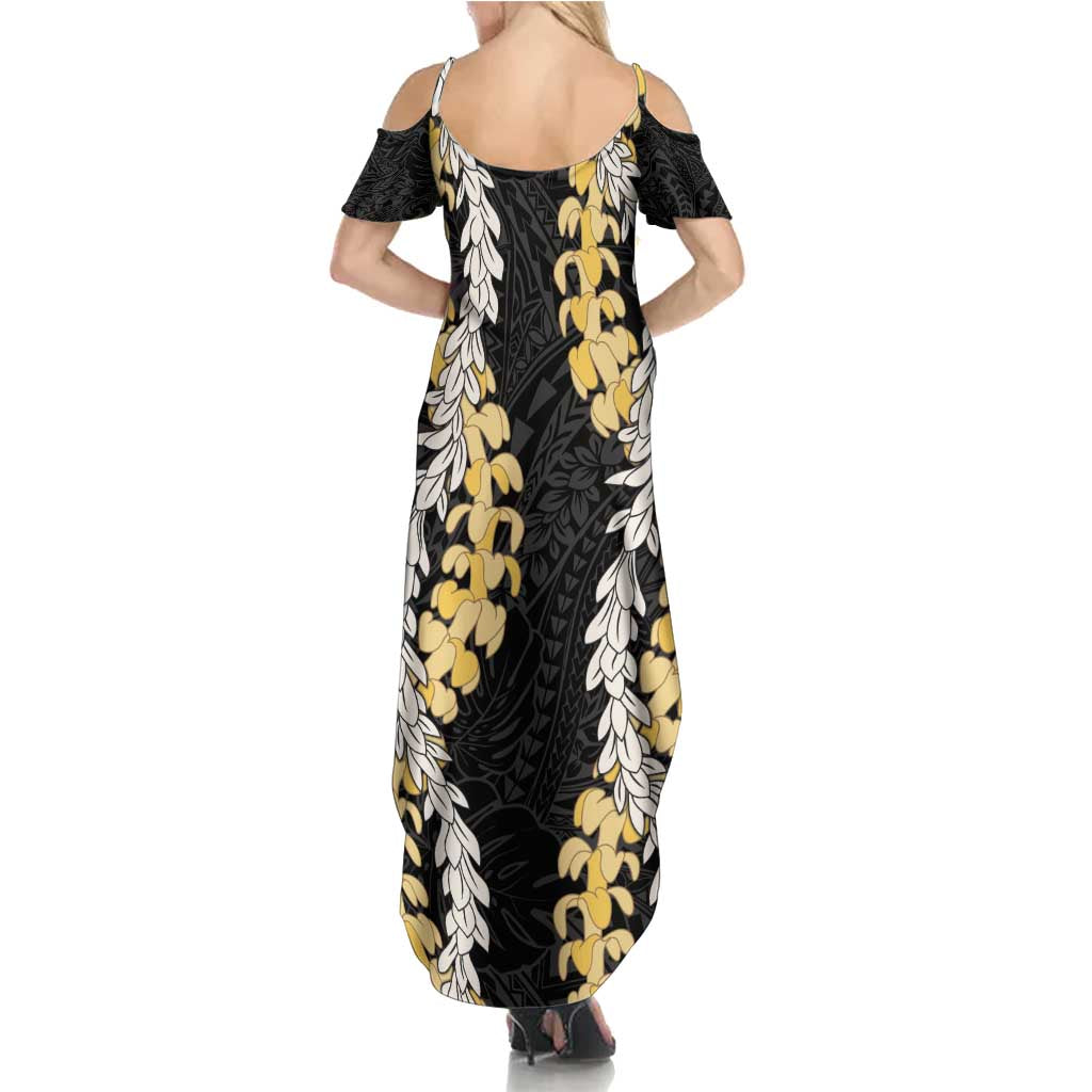 Puakenikeni and Maile Lei Family Matching Summer Maxi Dress and Hawaiian Shirt Black Double Strand Lei LT9 - Polynesian Pride