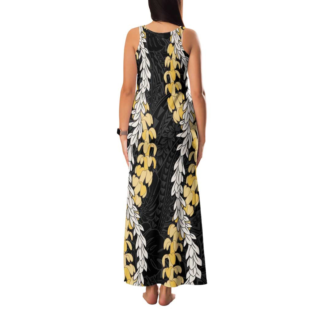 Puakenikeni and Maile Lei Family Matching Tank Maxi Dress and Hawaiian Shirt Black Double Strand Lei LT9 - Polynesian Pride