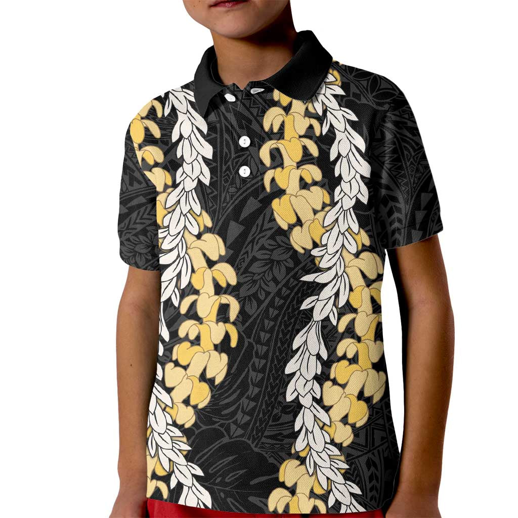 Puakenikeni and Maile Lei Kid Polo Shirt Black Double Strand Lei