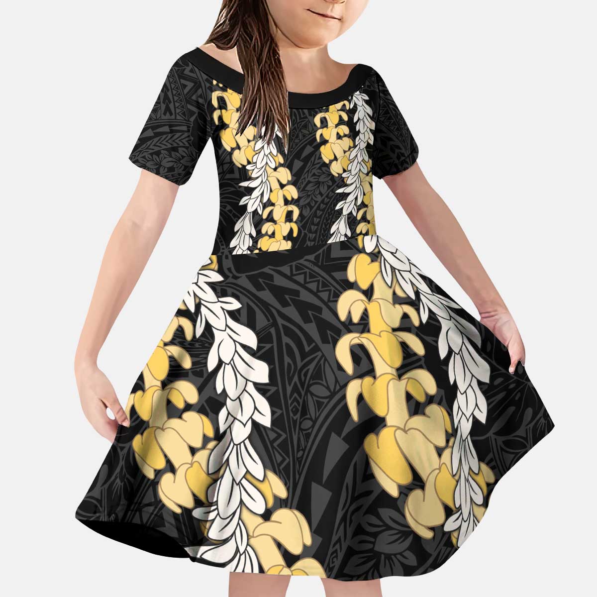 Puakenikeni and Maile Lei Kid Short Sleeve Dress Black Double Strand Lei