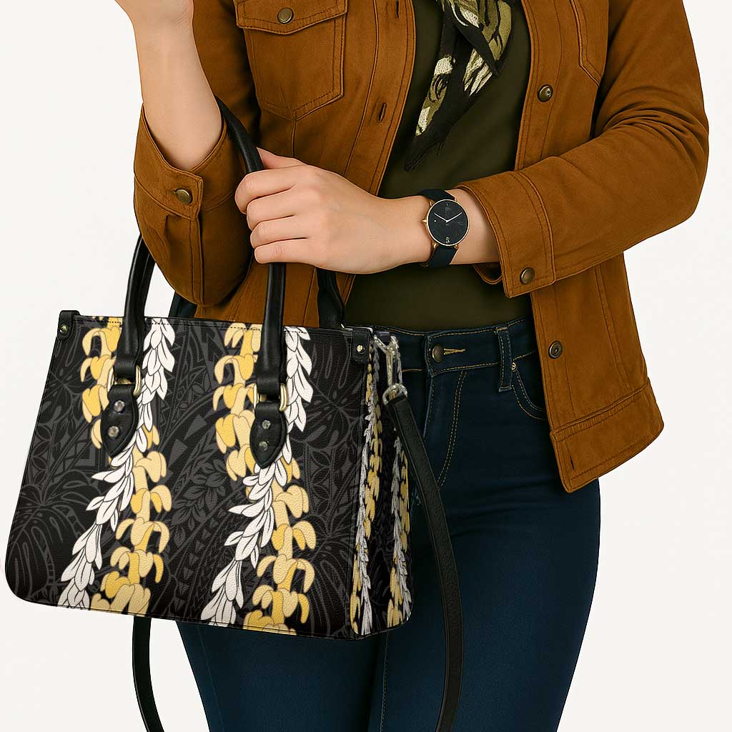 Puakenikeni and Maile Lei Leather Bag Black Double Strand Lei - Polynesian Pride