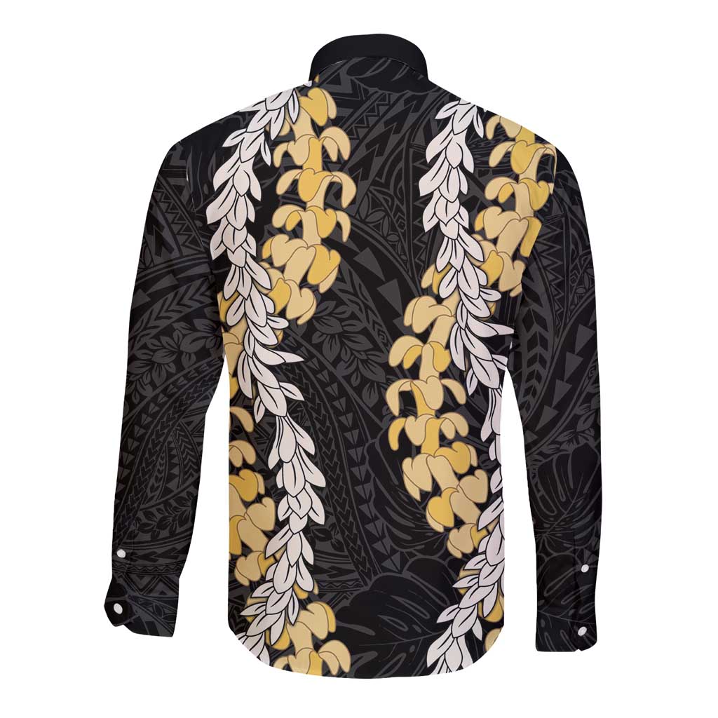 Puakenikeni and Maile Lei Long Sleeve Button Shirt Black Double Strand Lei