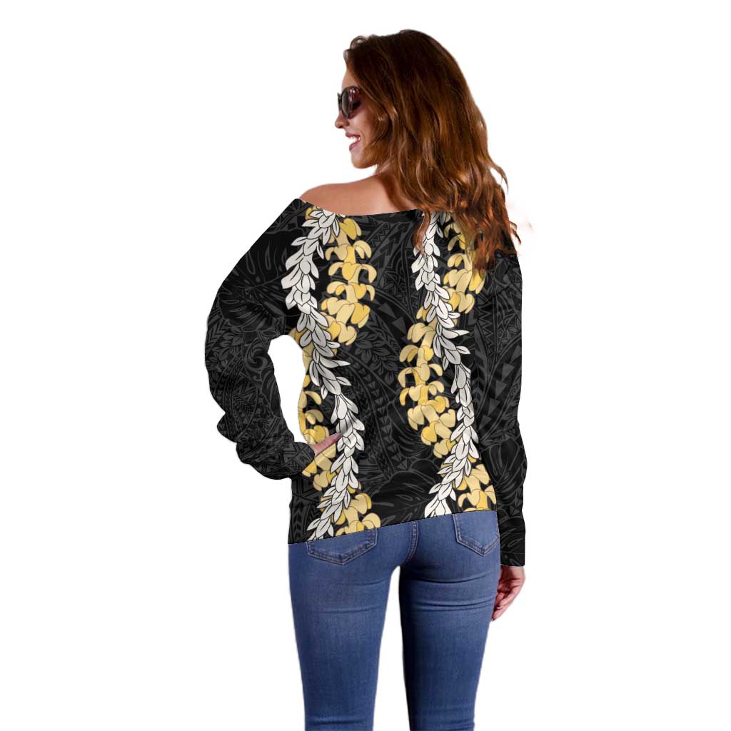 Puakenikeni and Maile Lei Off Shoulder Sweater Black Double Strand Lei