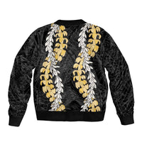 Puakenikeni and Maile Lei Sleeve Zip Bomber Jacket Black Double Strand Lei