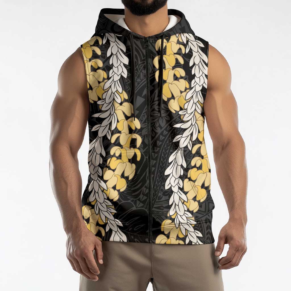 Puakenikeni and Maile Lei Sleeveless Zip Hoodie Black Double Strand Lei - Polynesian Pride