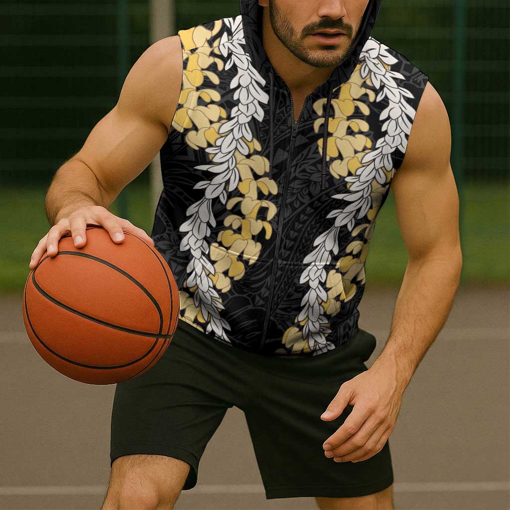 Puakenikeni and Maile Lei Sleeveless Zip Hoodie Black Double Strand Lei - Polynesian Pride