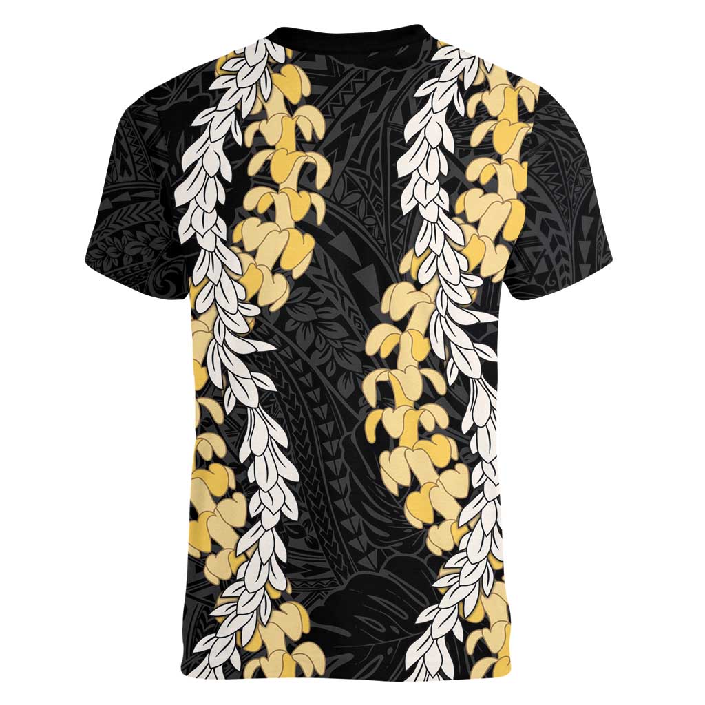 Puakenikeni and Maile Lei Women V-Neck T-Shirt Black Double Strand Lei