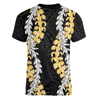 Puakenikeni and Maile Lei Women V-Neck T-Shirt Black Double Strand Lei