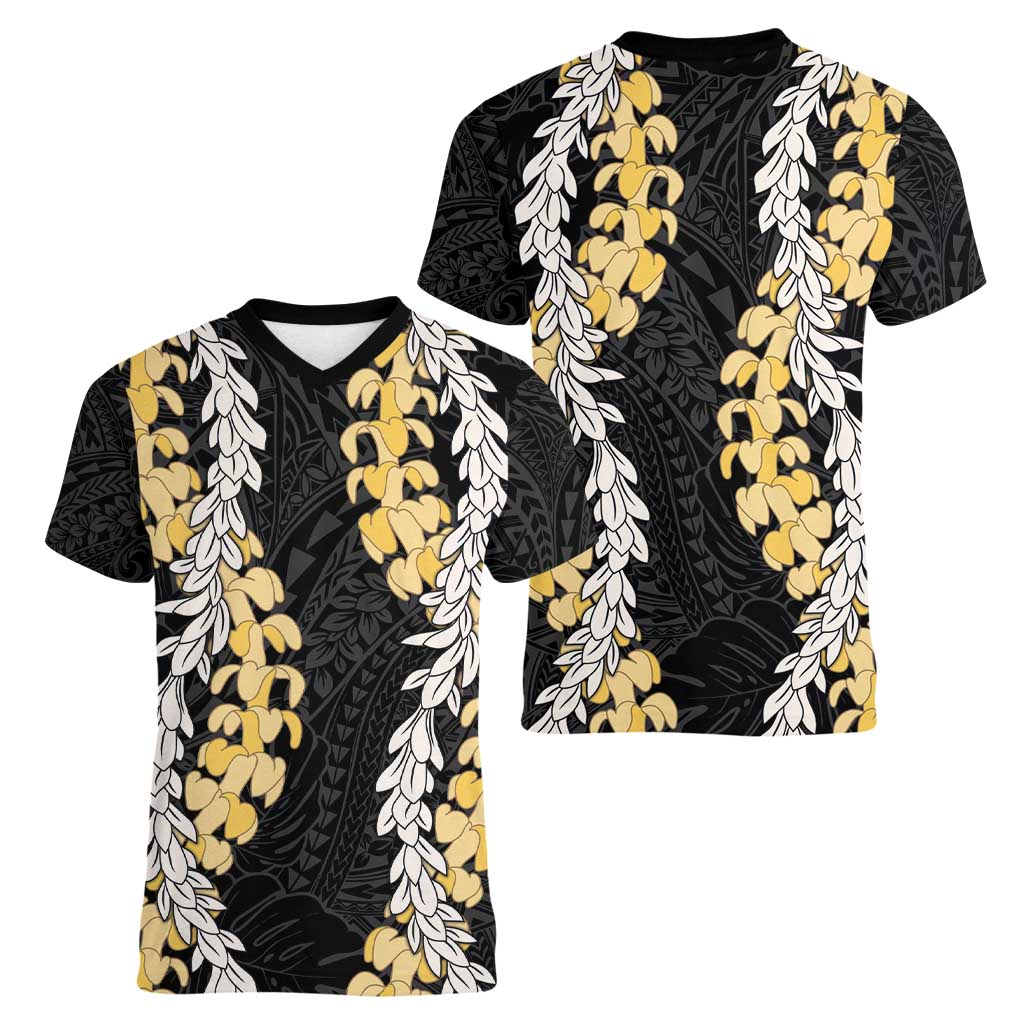 Puakenikeni and Maile Lei Women V-Neck T-Shirt Black Double Strand Lei