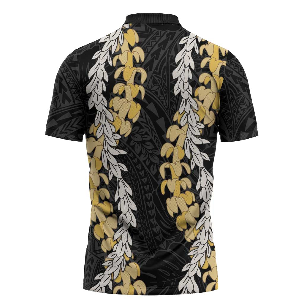 Puakenikeni and Maile Lei Zipper Polo Shirt Black Double Strand Lei - Polynesian Pride