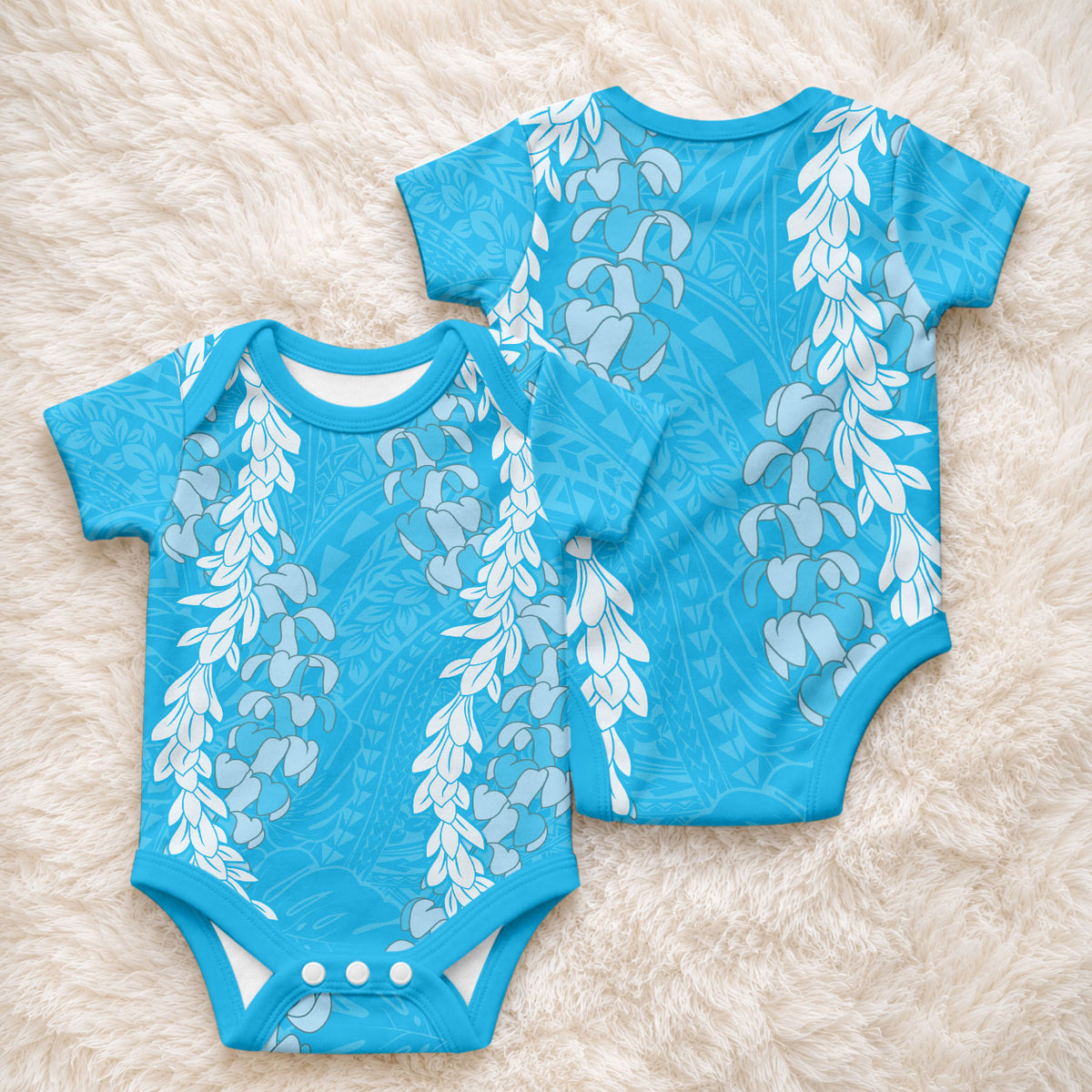 Puakenikeni and Maile Lei Baby Onesie Blue Double Strand Lei LT9 - Polynesian Pride