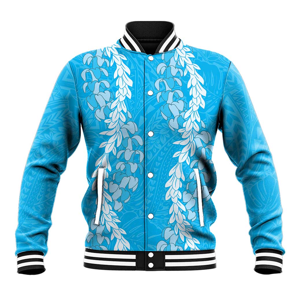 Puakenikeni and Maile Lei Baseball Jacket Blue Double Strand Lei