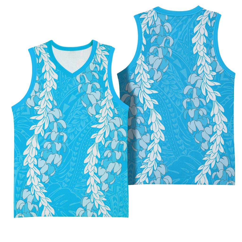 Puakenikeni and Maile Lei Basketball Jersey Blue Double Strand Lei - Polynesian Pride
