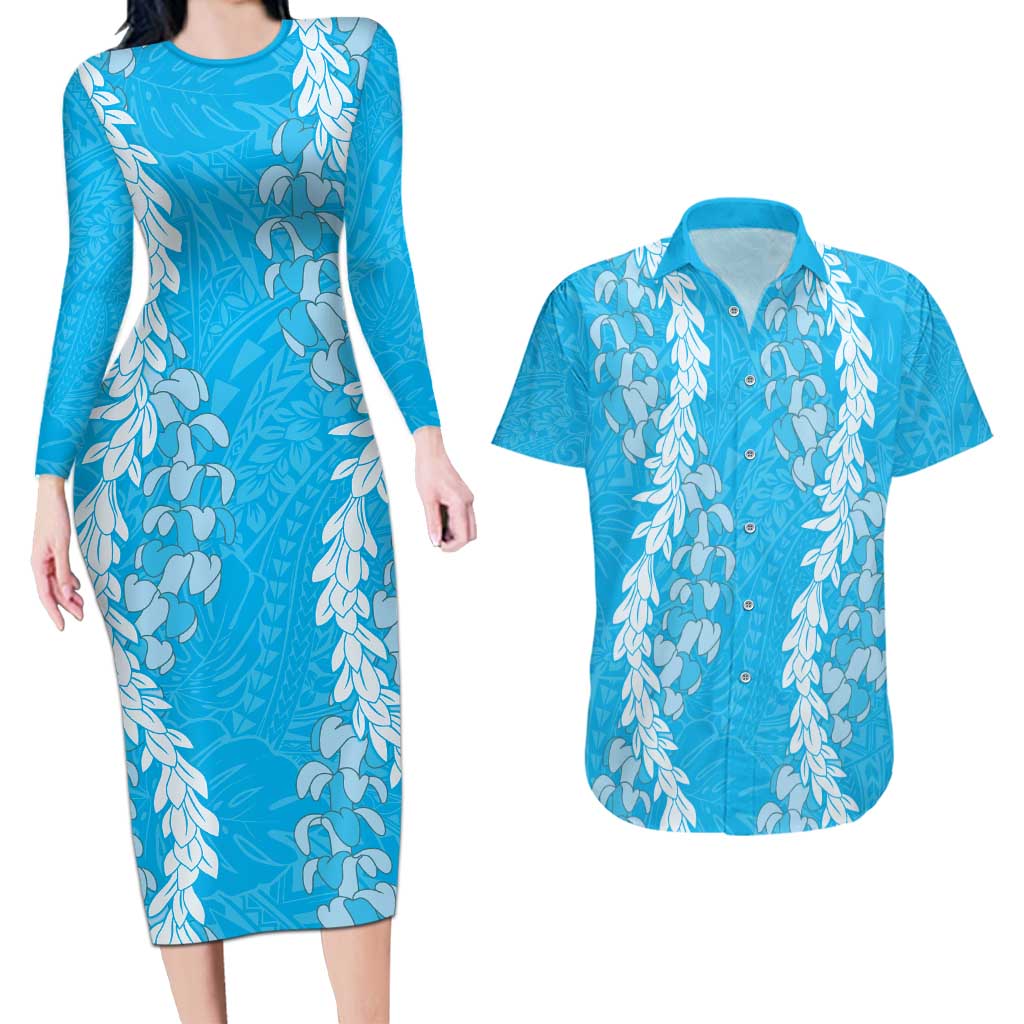 Puakenikeni and Maile Lei Couples Matching Long Sleeve Bodycon Dress and Hawaiian Shirt Blue Double Strand Lei LT9 Blue - Polynesian Pride