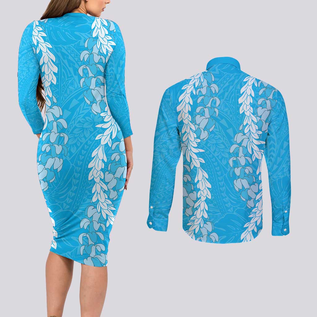 Puakenikeni and Maile Lei Couples Matching Long Sleeve Bodycon Dress and Long Sleeve Button Shirt Blue Double Strand Lei