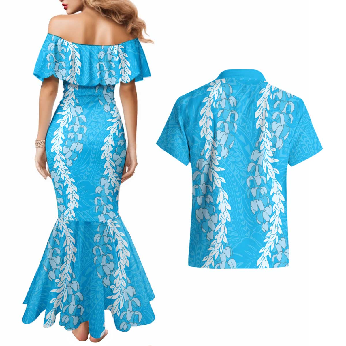 Puakenikeni and Maile Lei Couples Matching Mermaid Dress and Hawaiian Shirt Blue Double Strand Lei