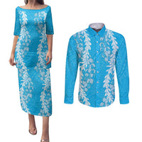 Puakenikeni and Maile Lei Couples Matching Puletasi and Long Sleeve Button Shirt Blue Double Strand Lei