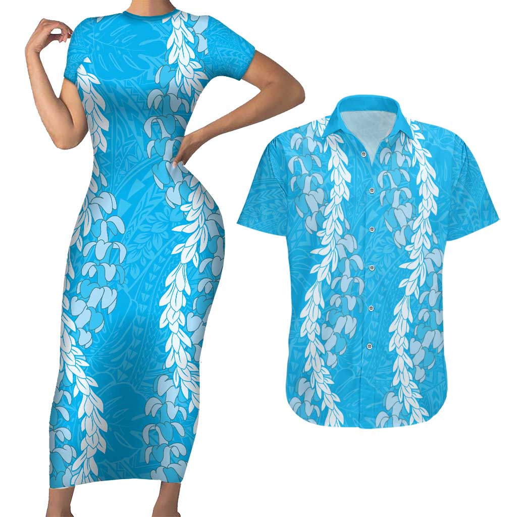 Puakenikeni and Maile Lei Couples Matching Short Sleeve Bodycon Dress and Hawaiian Shirt Blue Double Strand Lei LT9 Blue - Polynesian Pride
