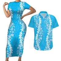 Puakenikeni and Maile Lei Couples Matching Short Sleeve Bodycon Dress and Hawaiian Shirt Blue Double Strand Lei LT9 Blue - Polynesian Pride