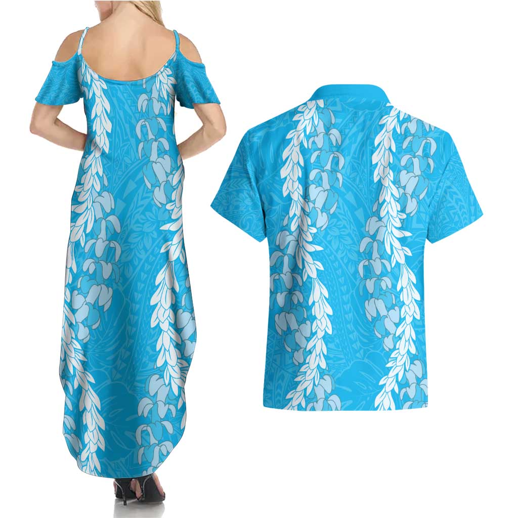 Puakenikeni and Maile Lei Couples Matching Summer Maxi Dress and Hawaiian Shirt Blue Double Strand Lei