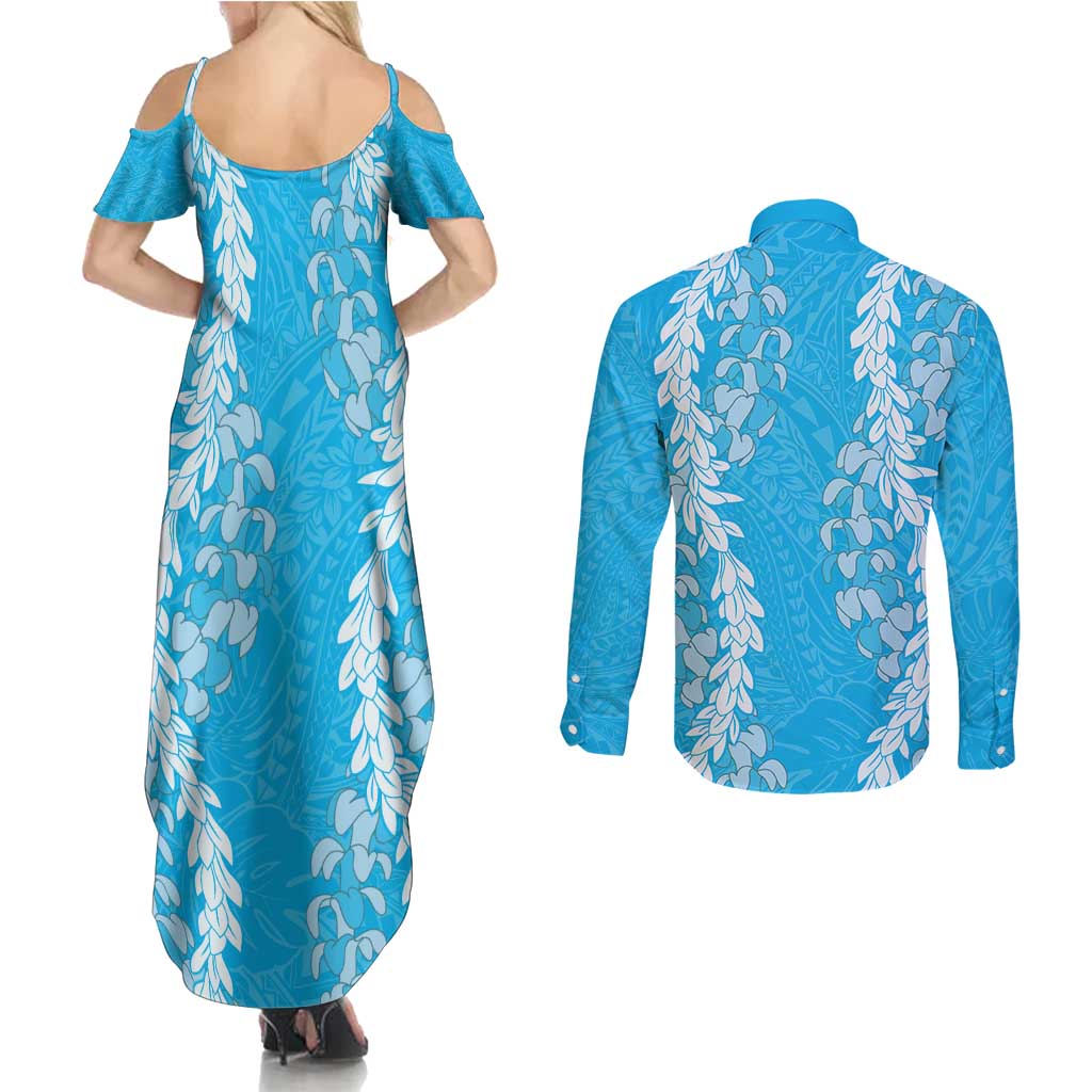 Puakenikeni and Maile Lei Couples Matching Summer Maxi Dress and Long Sleeve Button Shirt Blue Double Strand Lei