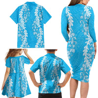 Puakenikeni and Maile Lei Family Matching Long Sleeve Bodycon Dress and Hawaiian Shirt Blue Double Strand Lei LT9 - Polynesian Pride