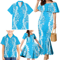 Puakenikeni and Maile Lei Family Matching Mermaid Dress and Hawaiian Shirt Blue Double Strand Lei LT9 - Polynesian Pride