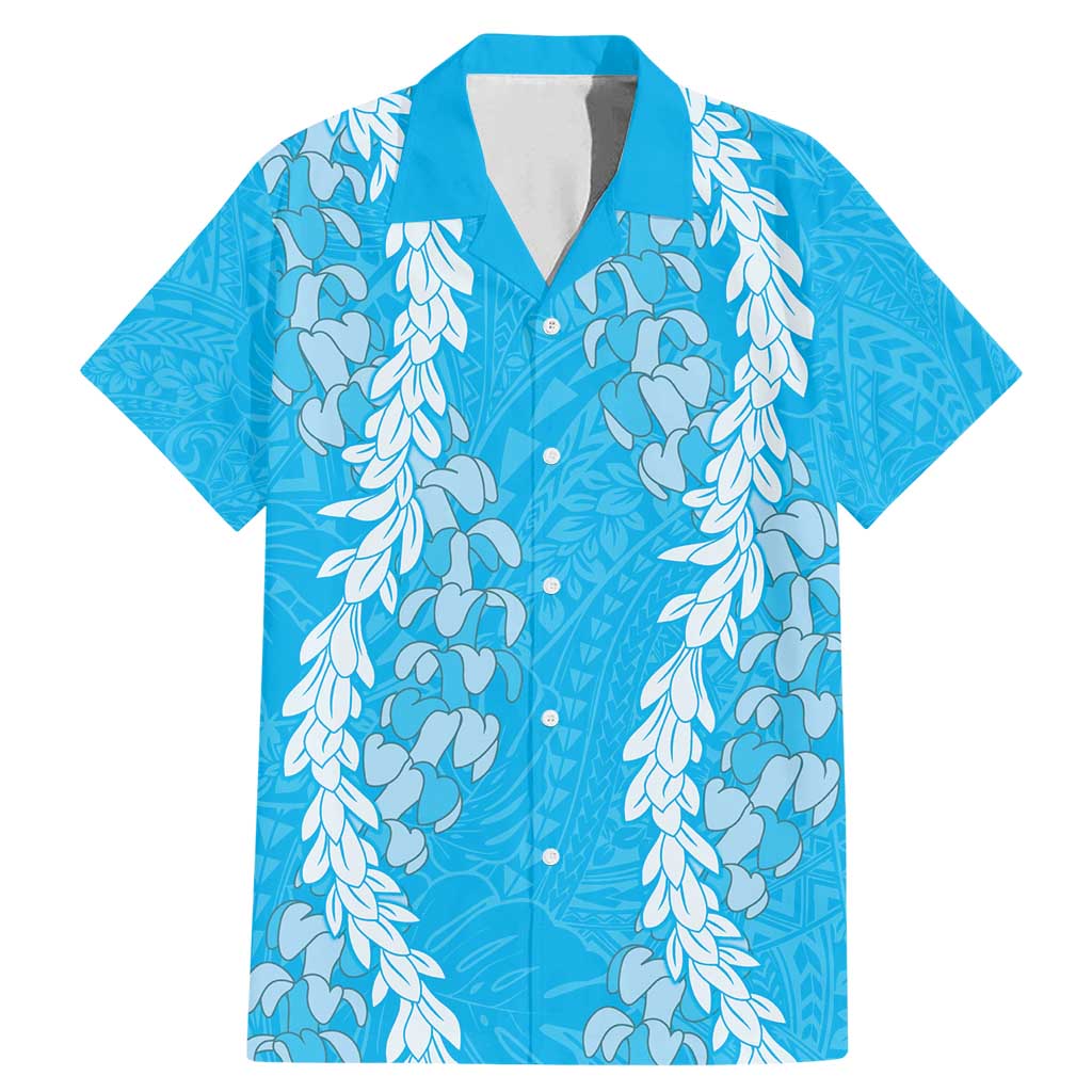 Puakenikeni and Maile Lei Family Matching Mermaid Dress and Hawaiian Shirt Blue Double Strand Lei LT9 Dad's Shirt - Short Sleeve Blue - Polynesian Pride