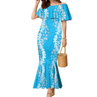 Puakenikeni and Maile Lei Family Matching Mermaid Dress and Hawaiian Shirt Blue Double Strand Lei LT9 Mom's Dress Blue - Polynesian Pride