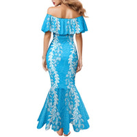 Puakenikeni and Maile Lei Family Matching Mermaid Dress and Hawaiian Shirt Blue Double Strand Lei LT9 - Polynesian Pride