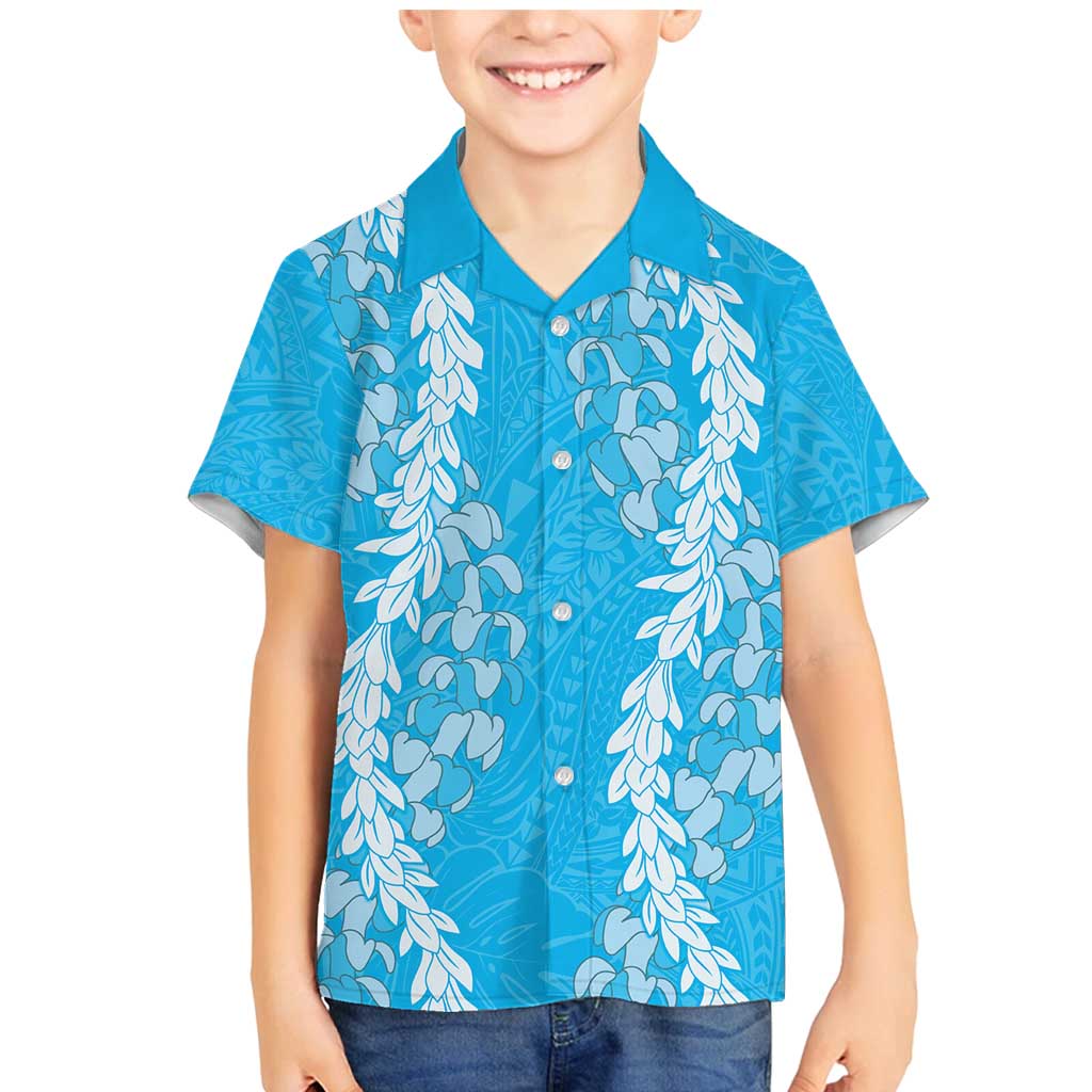 Puakenikeni and Maile Lei Family Matching Mermaid Dress and Hawaiian Shirt Blue Double Strand Lei LT9 Son's Shirt Blue - Polynesian Pride